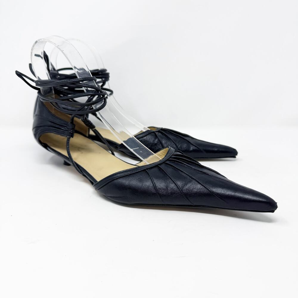 Vintage Y2K Black Leather Pointy Toe Kitten Heels Women's Sz 39.5/9.5 Ankle Wrap